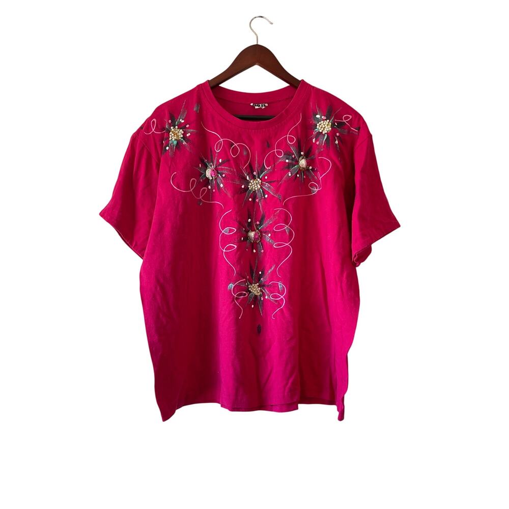 Vintage 80s puff painted pink retro statement t shirt size xl‎